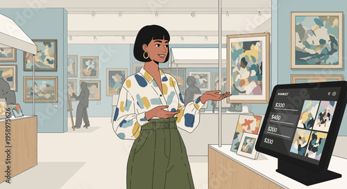 Woman Interacting with Digital Display in Art Gallery.