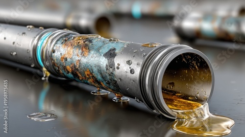 Futuristic cross section of pipeline with glowing blue gas and golden oil flowing inside on dark background for energy transport concept.