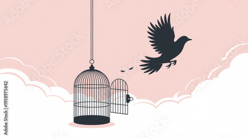 Bird flying out of open cage with clouds and pink sky background symbolizing freedom and liberation