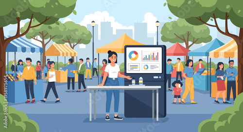 Woman presenting data analytics at outdoor market stall.