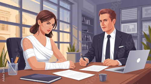 Businessman and woman in office discussing documents with laptop and papers on desk