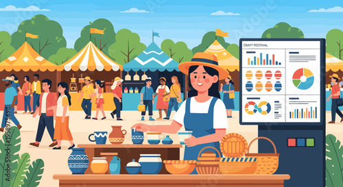 Woman selling handmade pottery at a vibrant outdoor market stall.