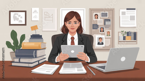 Businesswoman working on digital tablet at office desk with laptop and books