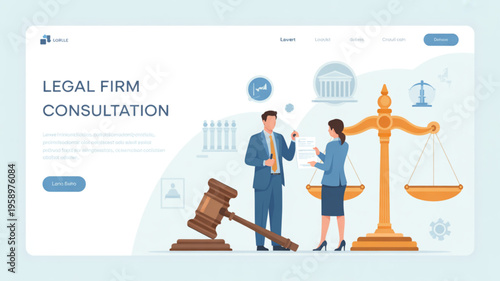 Legal firm consultation website with lawyer and client discussing law justice and court proceedings online