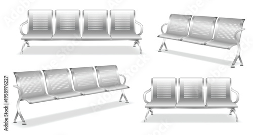Set of public waiting area bench seats in chrome metal colors, isolated on white background. Modern connected plastic chairs with metal frame commonly found in airports, hospitals, stations, terminals