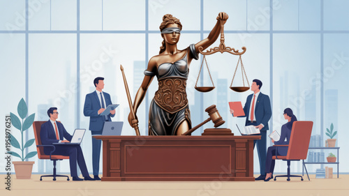 Justice statue with blindfold standing on desk in modern office with businesspeople working around her