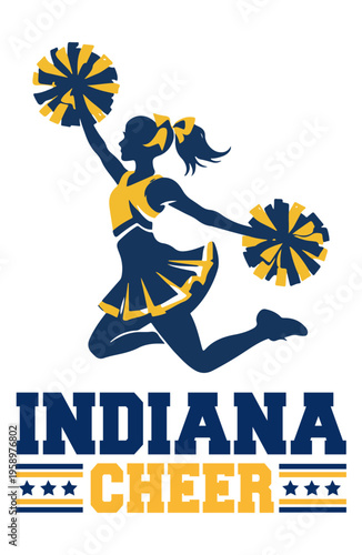 Indiana Cheer Graphic Silhouette of a Jumping Cheerleader in Navy and Gold Team Colors