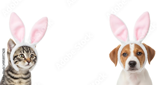 Adorable Kitten and Puppy Wearing Festive Pink Bunny Ears Ready for Spring Celebrations on White Background