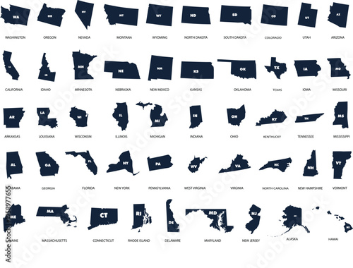 Set of US state map silhouettes with postal abbreviations and names, navy blue vector icons of all 50 United States isolated on white background vector stock illustration.
