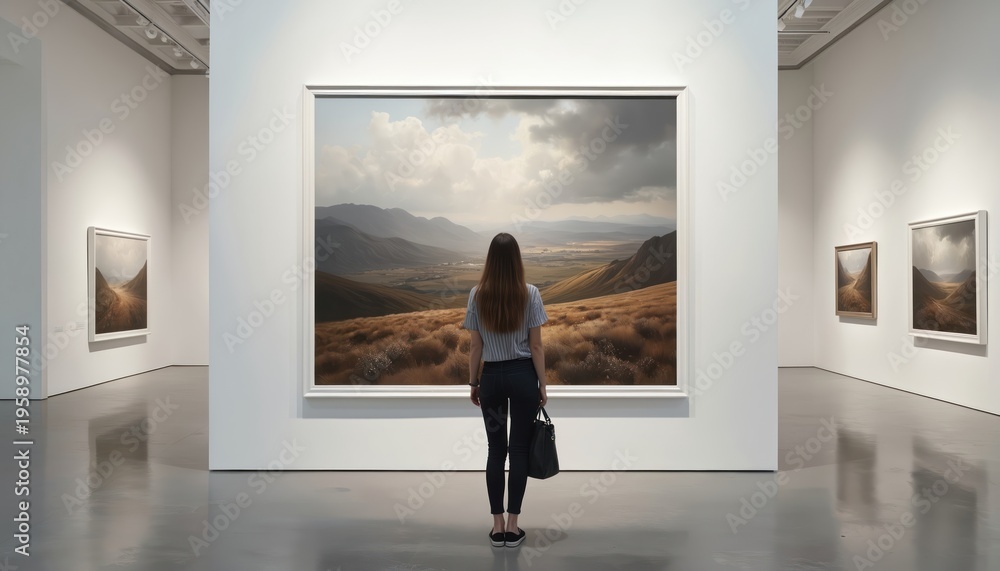 Fototapeta premium Woman observes large landscape painting in bright art gallery. Modern museum interior shows framed art on white walls. Floor reflects art and lighting.