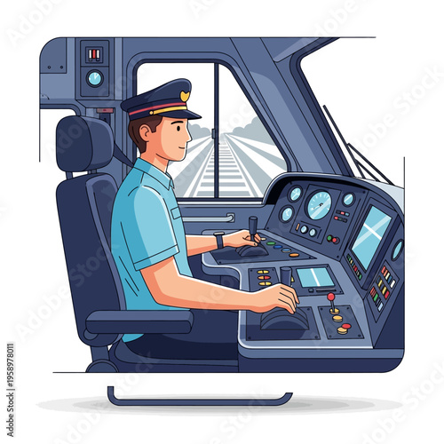 Train Driver Operating Locomotive Controls in Cab.