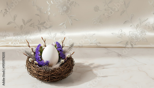 Delicate white Easter egg nestled in a charming natural bird's nest with spring blossoms, ready for celebration