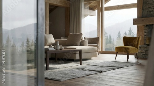 Modern Cozy Living Room Interior with Large Window, Wooden Cabin Style and Mountain View
