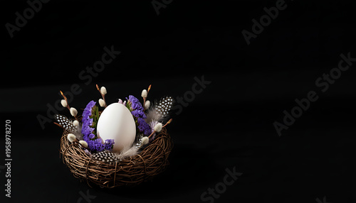 Elegant Easter Egg in Nest with Feathers and Spring Flowers on Dark Background
