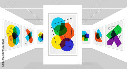 Abstract Geometric Shapes in Vibrant Colors Displayed in Art Gallery