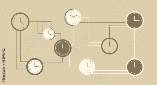 Abstract network of interconnected clocks symbolizing time management, scheduling, and deadlines.
