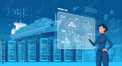 Woman Interacting with Futuristic Cloud Computing Interface.