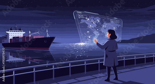 Woman Interacting with Futuristic Holographic Display.