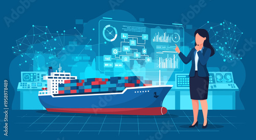 Woman Interacting with Futuristic Shipping Logistics Interface.