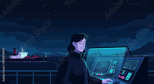 Woman operating advanced technology on a ship at night.