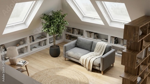 Cozy Attic Living Room with Skylights, Built-in Bookshelves and Minimalist Sofa Interior