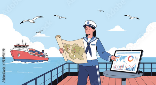Woman Sailor Navigating with Map and Laptop on Ship Deck.