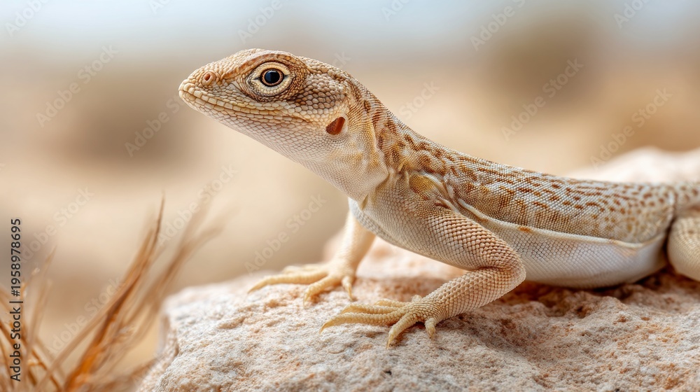 Obraz premium Lizard Basking on Warm Rock in Desert Landscape Closeup Photography