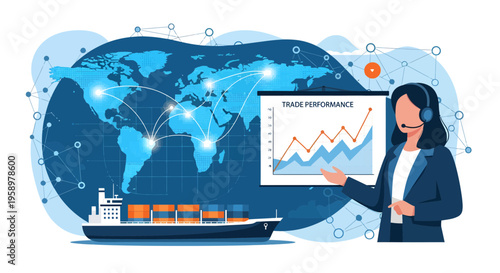 Businesswoman presenting global logistics and shipping performance data.