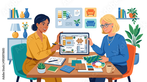 Two women collaborating on interior design project at a table.