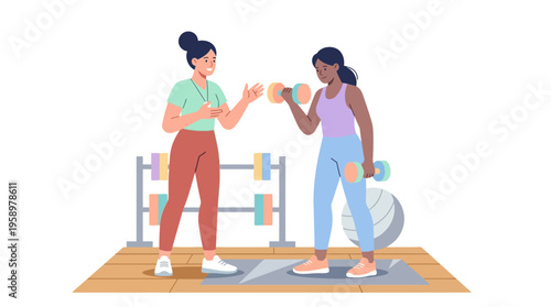 Two women exercising together in a gym setting.