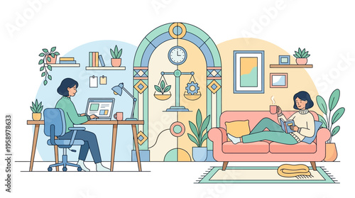 Two women in a home setting, one working and one relaxing.