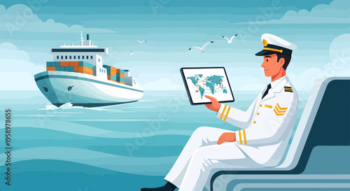 Captain Studying Global Shipping Routes on Tablet at Sea.