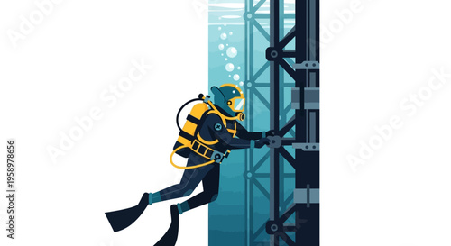 Underwater diver inspecting industrial structure underwater.