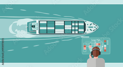Container Ship Navigating Waters with Advanced Technology Interface.
