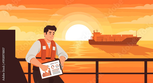 Man in life vest reviewing documents on ship deck at sunset.