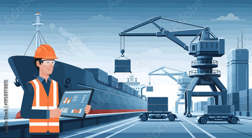 Man in hard hat and vest with tablet at port.