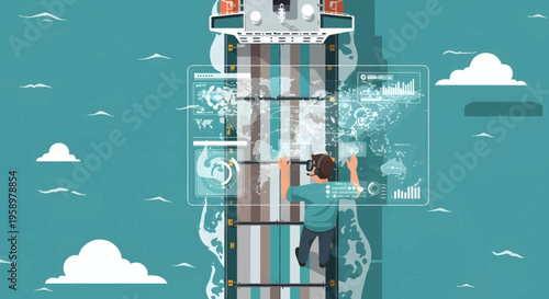 Man in VR headset climbing ladder on futuristic structure.