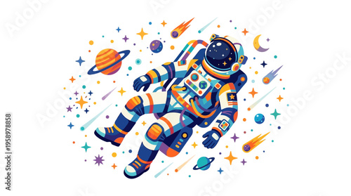 Vibrant Astronaut Floating Among Colorful Celestial Bodies.