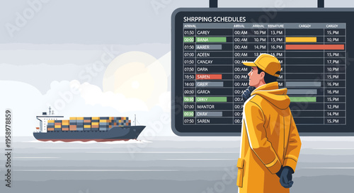 Man in yellow coat observing cargo ship and departure board.