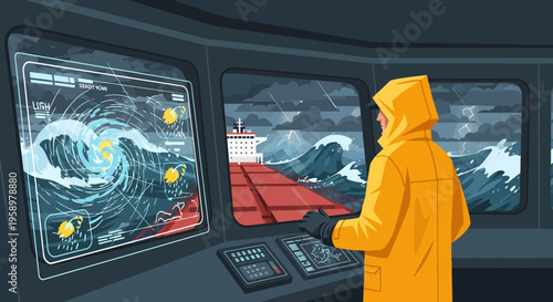 Man in yellow raincoat operating complex navigation system on ship bridge during storm.