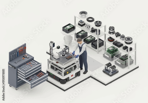 Automated warehouse robot with automated arm assembling components on a workbench alongside a tool chest and shelves of parts