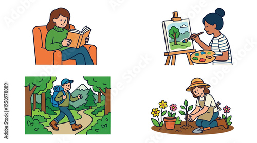 Four illustrations depicting diverse leisure activities including reading, painting, hiking, and gardening, showcasing various hobbies.