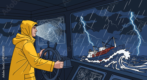 Man in yellow raincoat steering boat during storm.