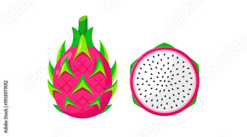 Vibrant Dragon Fruit Whole and Halved Illustration.