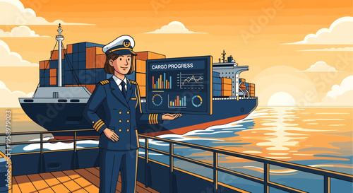 Maritime Captain Overseeing Shipping Operations with Digital Dashboard.