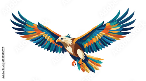 Vibrant Eagle in Flight with Colorful Wings Spread Wide.