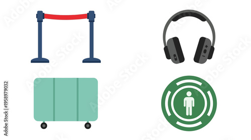 Four distinct items: a red velvet rope barrier, black headphones, a green wheeled cart, and a green chip with a person icon, all on a white background.