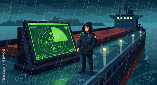 Person standing on a ship deck looking at a radar screen.