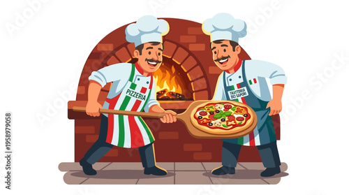 Two chefs preparing pizza in a wood-fired oven.