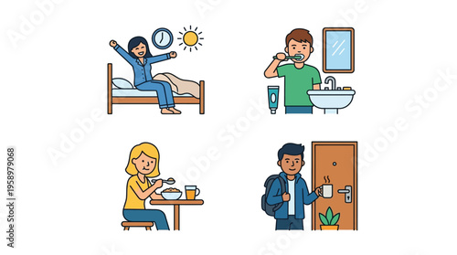 Illustrations depicting a morning routine, including waking up, brushing teeth, eating breakfast, and leaving home for the day.